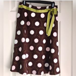 Talbots Brown A-line skirt with green ribbon belt.